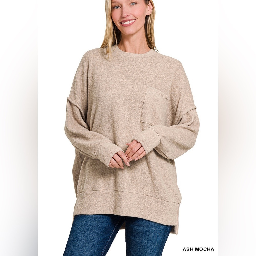 Zenana Hacci Oversized Boxy Brown Soft Sweater relaxed slouchy fit Size L / XL